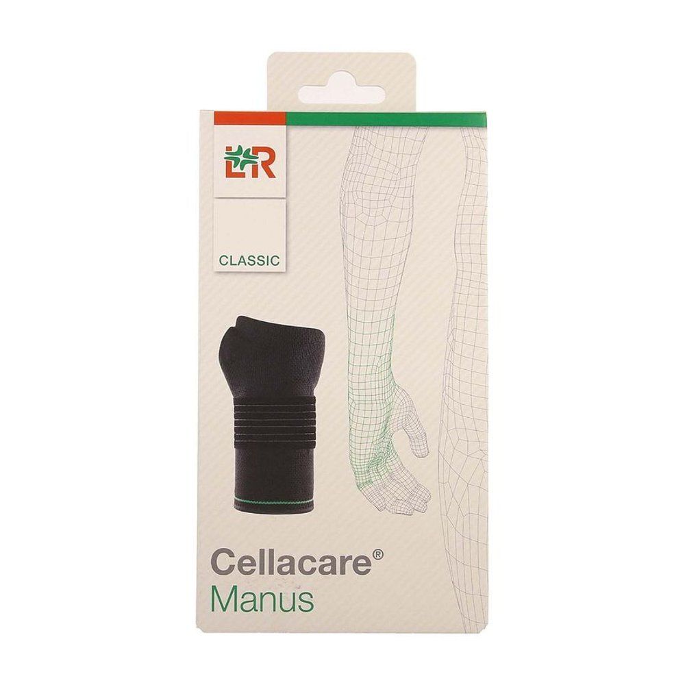 Cellacare Manus Classic. Attelle de poignet noire dans son emballage. Image du produit et schéma d'un bras.