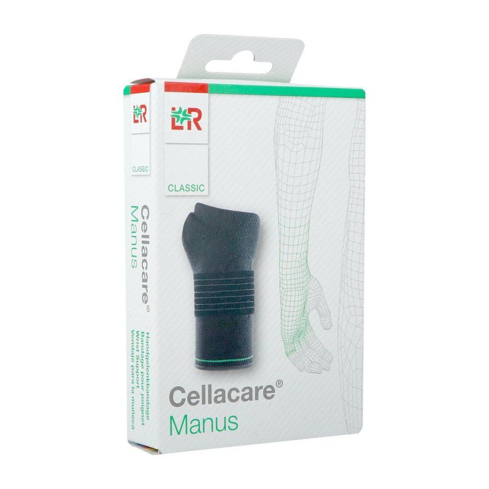 Cellacare Manus Classic. Attelle de poignet noire dans son emballage. Image du produit et schéma d'un bras.