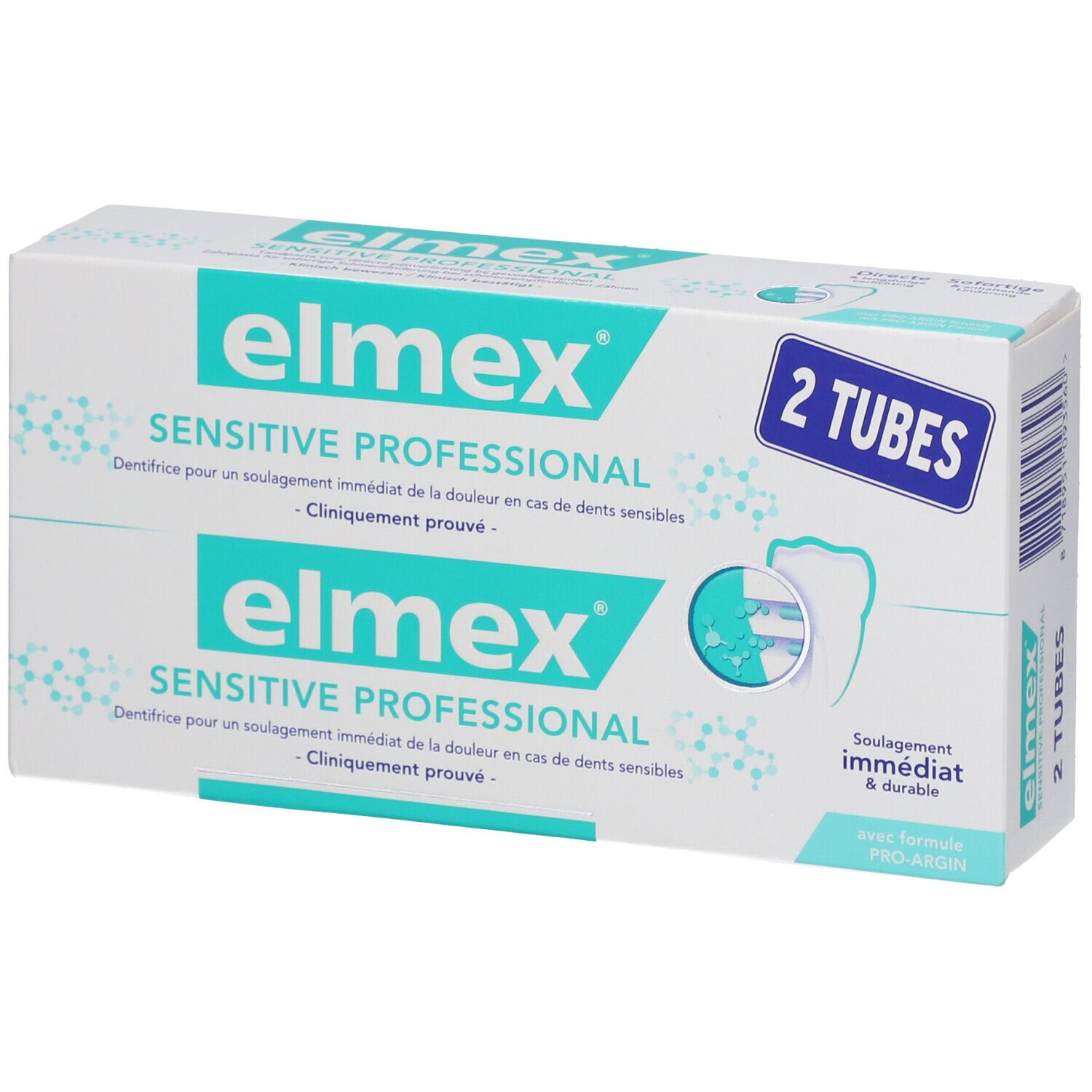 Zahnpasta-Verpackung mit "elmex SENSITIVE PROFESSIONAL". Zwei Tuben. Türkis und weiß.