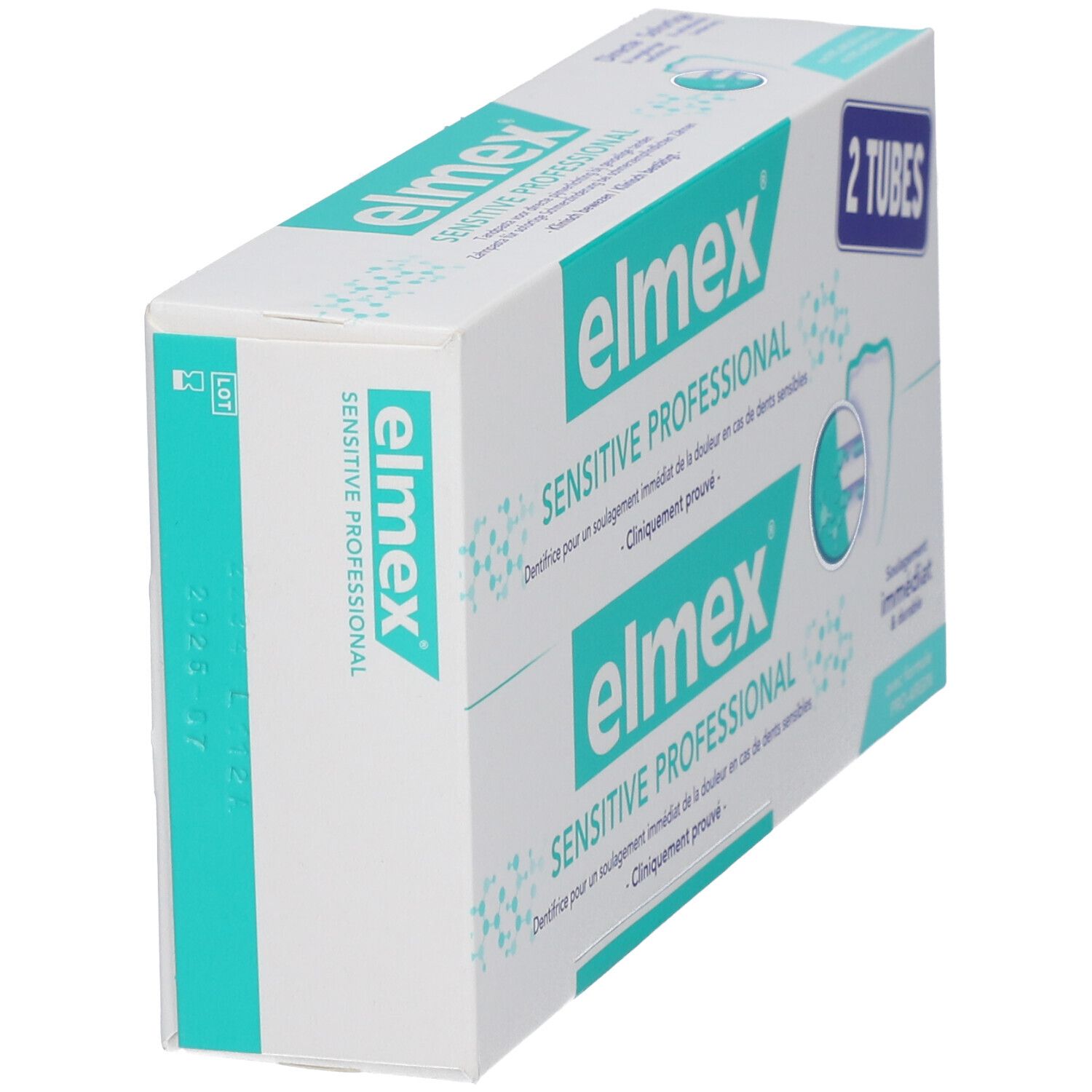 Schrägansicht der Zahnpasta-Verpackung "elmex SENSITIVE PROFESSIONAL". Zwei Tuben. Türkis und weiß.