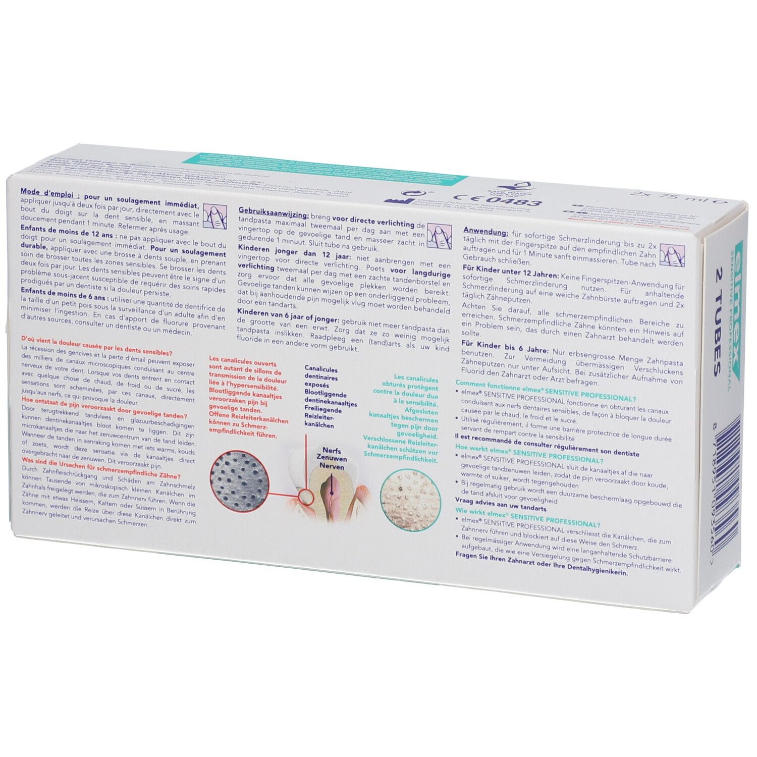 Rückseite der Zahnpasta-Verpackung "elmex SENSITIVE PROFESSIONAL". Text in mehreren Sprachen, Illustrationen.