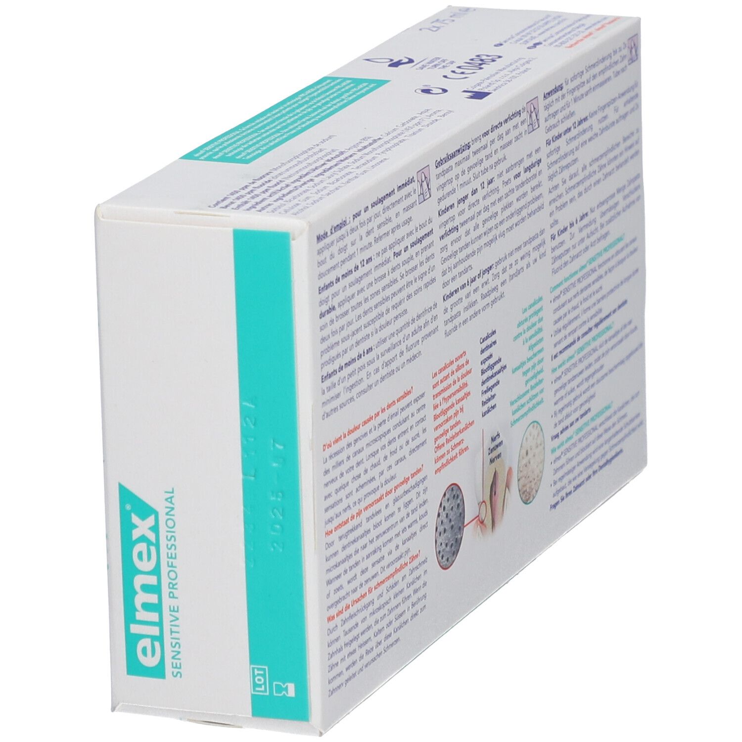 Schrägansicht der Rückseite der Zahnpasta-Verpackung "elmex SENSITIVE PROFESSIONAL". Text und Illustrationen.
