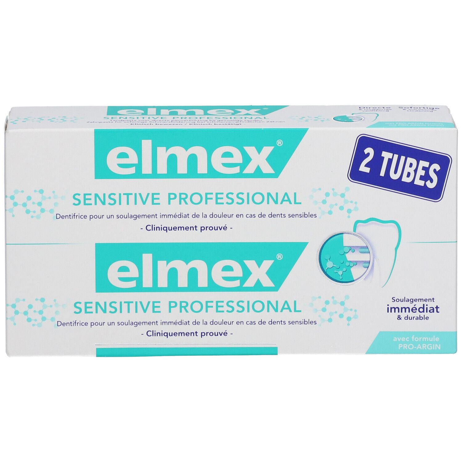 Zahnpasta-Verpackung "elmex SENSITIVE PROFESSIONAL". Zwei Tuben. Türkis und weiß.