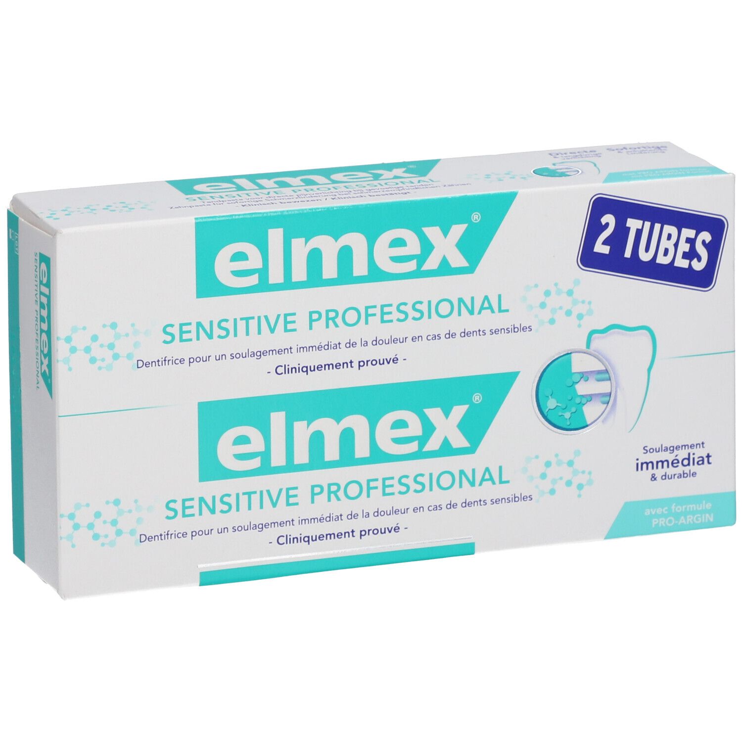 Zahnpasta-Verpackung "elmex SENSITIVE PROFESSIONAL". Zwei Tuben. Türkis und weiß.