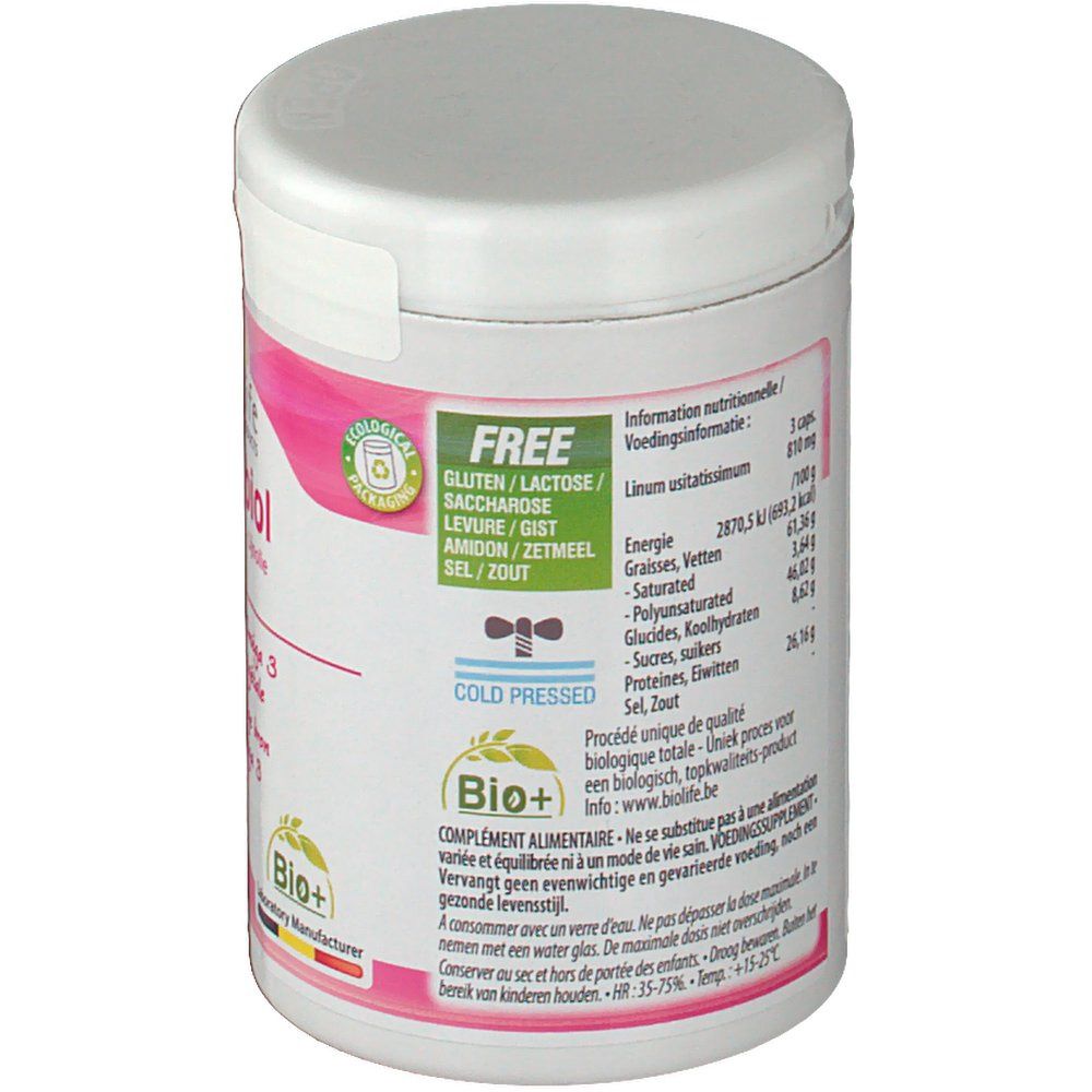Weiße Dose mit rosa Etikett. Text: FREE, Gluten/Lactose/Saccharose, Hefe/Gist, Amidon/Zetmeel, Sel/Zout. Bio+ Logo.
