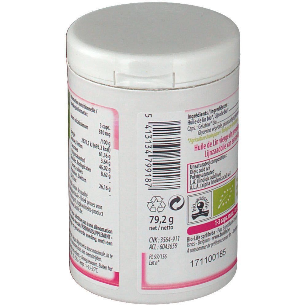 Weiße Dose mit rosa Etikett. Text: Inhaltsstoffe, 79,2 g, Bio-Siegel, CNK, ACL, PL. Bio-Life Logo. Informationen zur Ernährung.