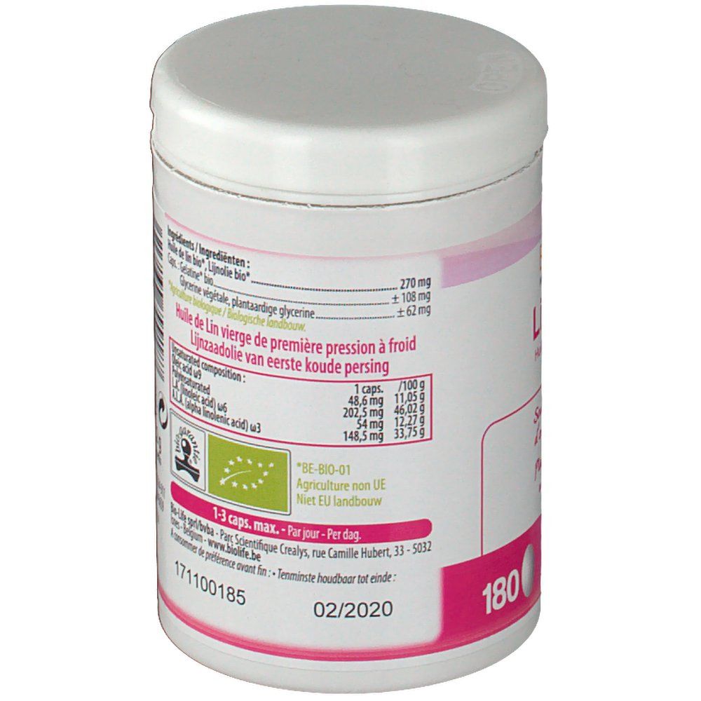 Weiße Dose mit rosa Etikett. Text: Inhaltsstoffe, 180, Haltbarkeit bis 02/2020, Bio-Siegel. Informationen zur Ernährung.