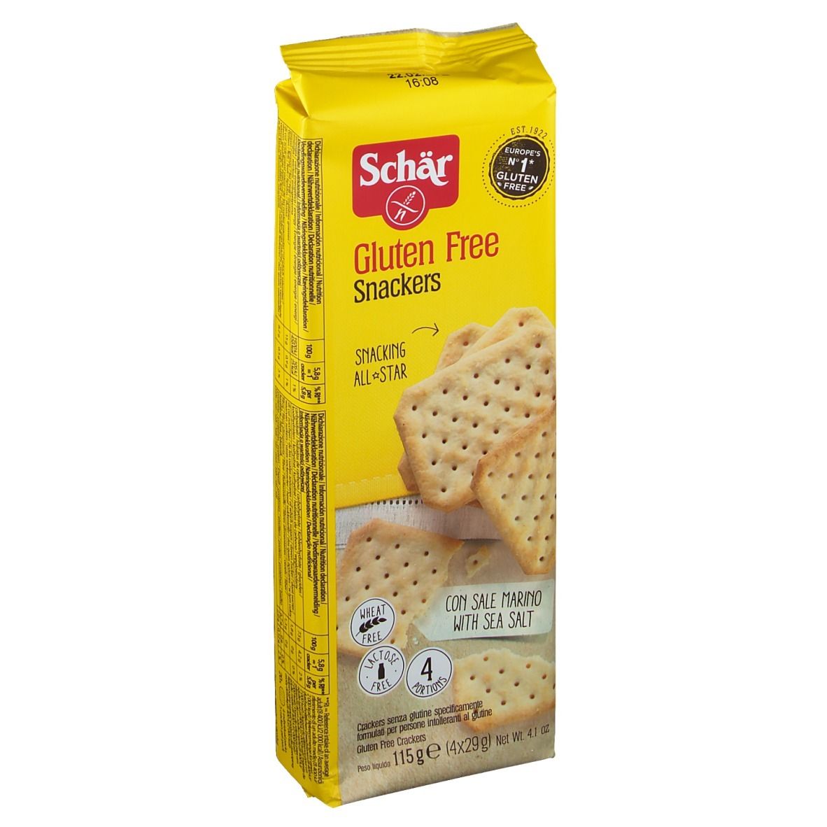 Gelbe Verpackung mit glutenfreien Snackers. Aufdruck: Schär, Gluten Free, Snackers, mit Meersalz. Enthält 4 Portionen.