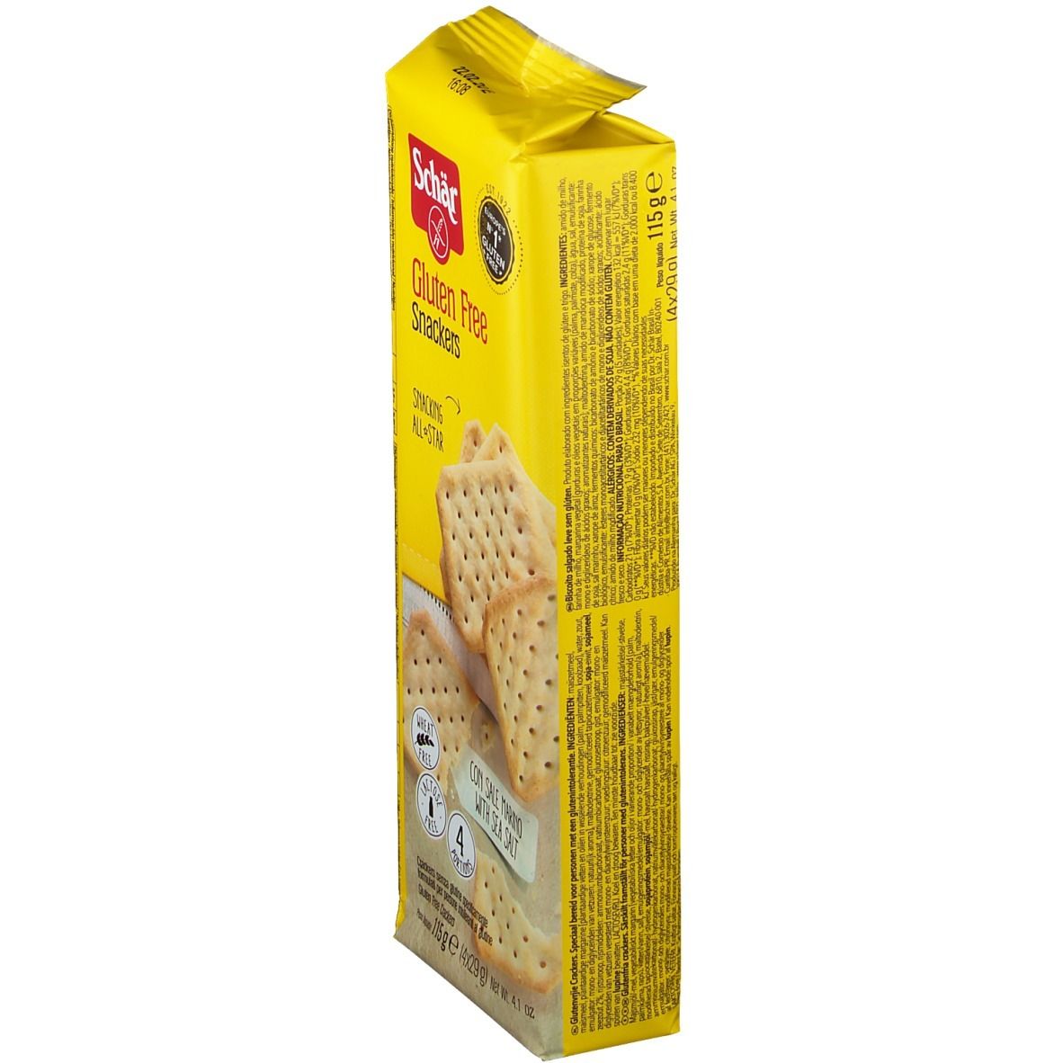 Gelbe Verpackung von glutenfreien Snackers. Aufdruck: Schär, Gluten Free, Snackers. Seitenansicht mit Text.