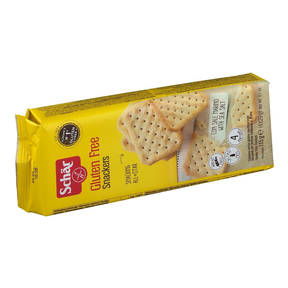 Gelbe Verpackung von glutenfreien Snackers. Aufdruck: Schär, Gluten Free, Snackers, mit Meersalz. Enthält 4 Portionen.
