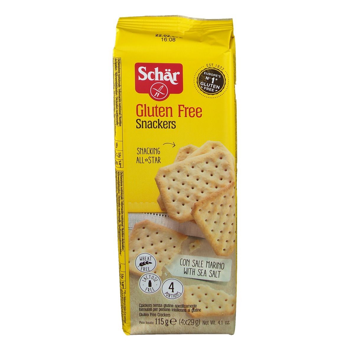 Gelbe Verpackung mit glutenfreien Snackers. Aufdruck: Schär, Gluten Free, Snackers, mit Meersalz. Enthält 4 Portionen.