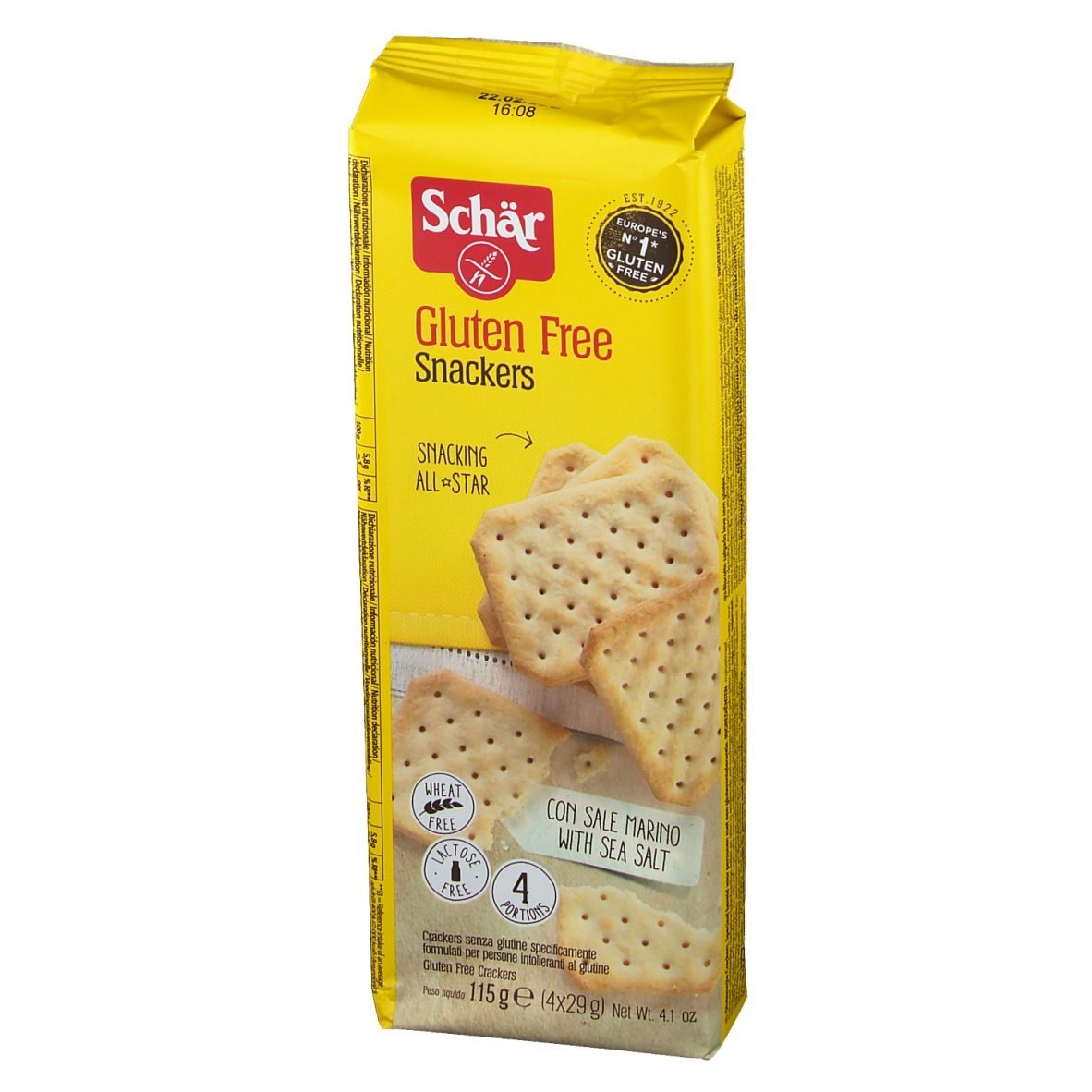 Gelbe Verpackung mit glutenfreien Snackers. Aufdruck: Schär, Gluten Free, Snackers, mit Meersalz. Enthält 4 Portionen.