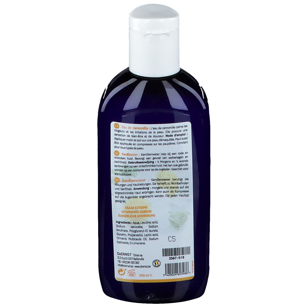 Rückseite der Flasche. Text in Deutsch und Französisch. Zutatenliste. Aufschrift: Dr. Ernst. Mit Zertifizierungen.