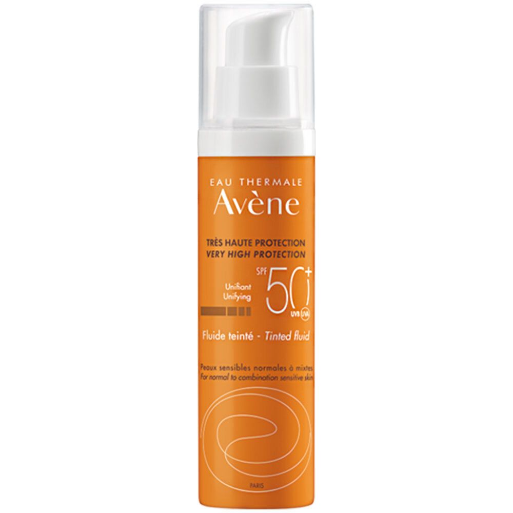 Flacon de fluide solaire avec pompe. Étiquette orange avec texte: Avène, SPF 50+.