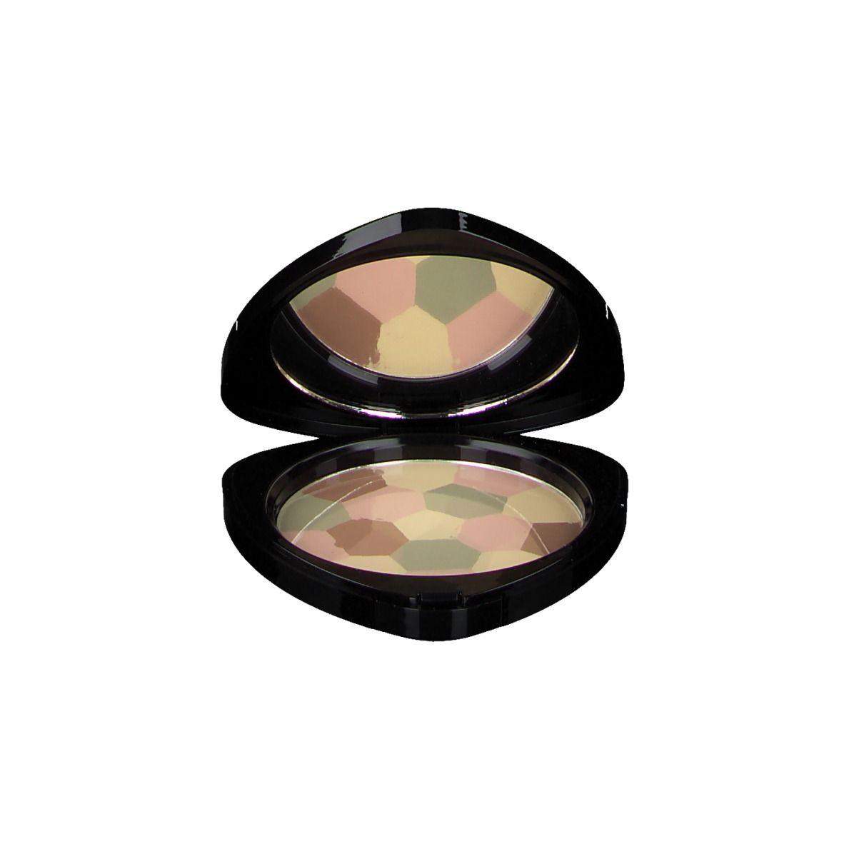 Korrekturpuder in schwarzer, tropfenförmiger Dose. Deckel geöffnet, Spiegel und Puder sichtbar. Puder mit farbigen Segmenten.