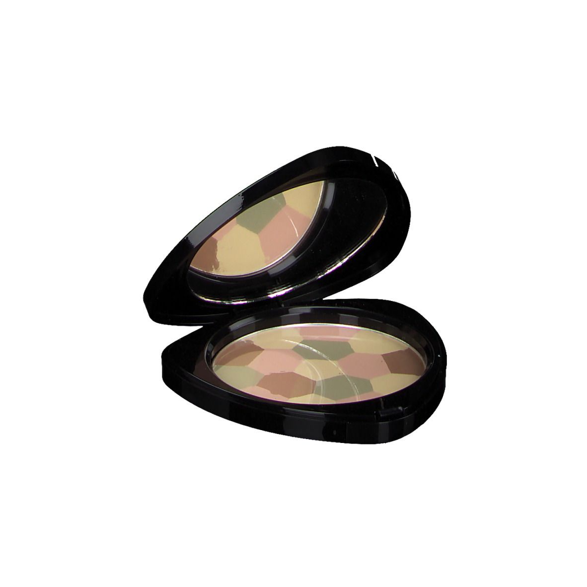Korrekturpuder in schwarzer, tropfenförmiger Dose. Deckel geöffnet, Spiegel und Puder sichtbar. Puder mit farbigen Segmenten.