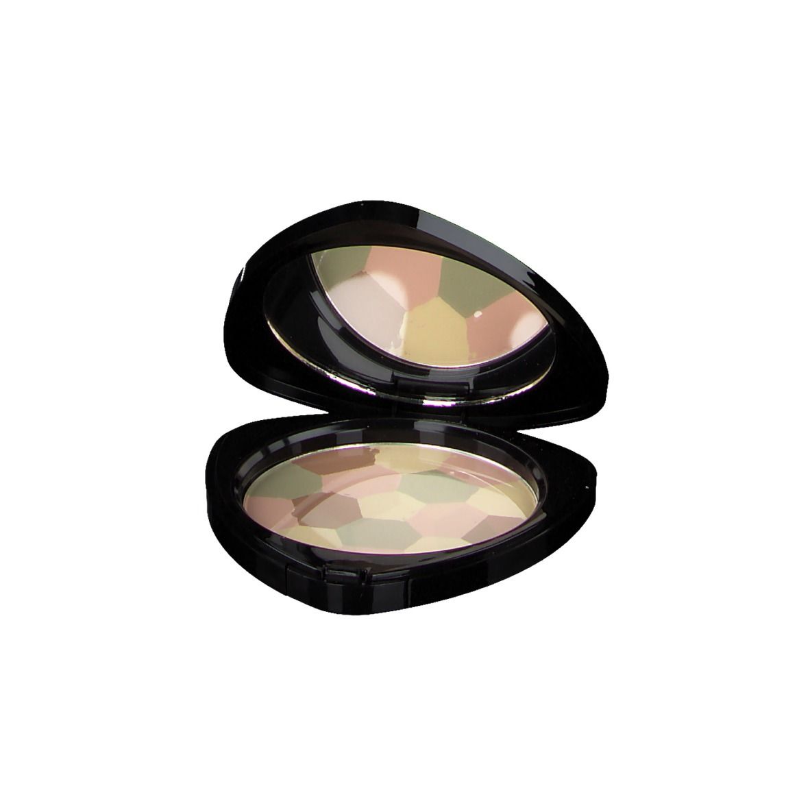 Korrekturpuder in schwarzer, tropfenförmiger Dose. Deckel geöffnet, Spiegel und Puder sichtbar. Puder mit farbigen Segmenten.