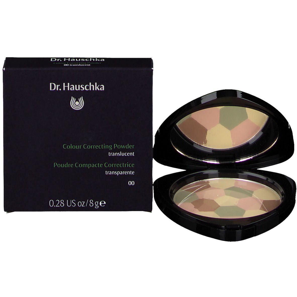 Korrekturpuder mit Verpackung. Schwarze Dose und Karton. Auf dem Karton steht 'Dr. Hauschka' und Produktinformationen.