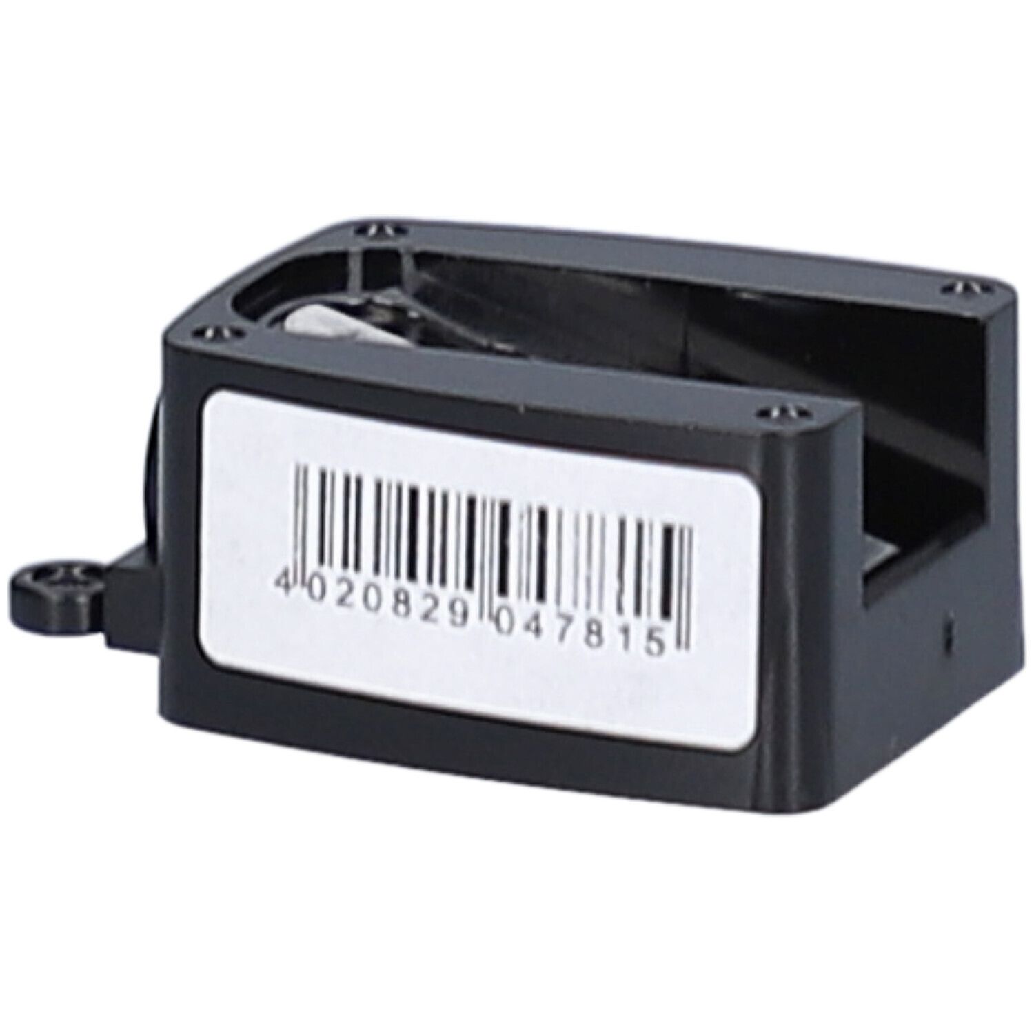 Schwarzer Anspitzer mit Barcode-Aufkleber. Der Barcode ist lesbar.