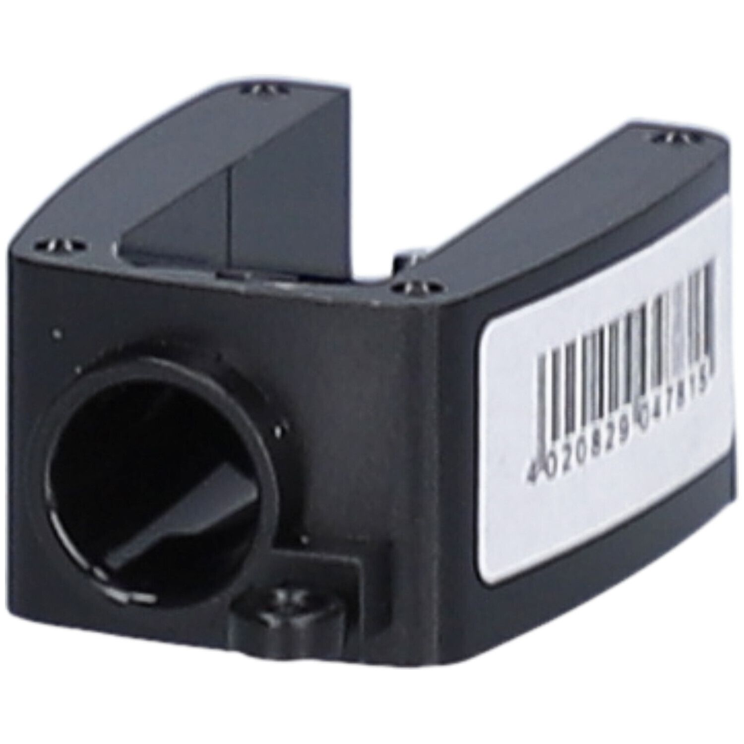 Schwarzer Anspitzer mit Öffnung und Barcode-Aufkleber.