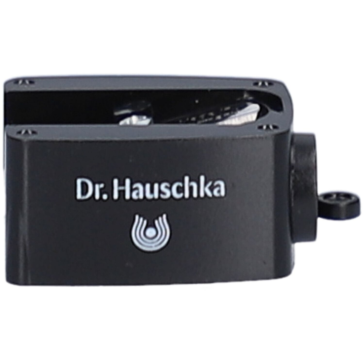 Schwarzer Anspitzer mit dem Schriftzug Dr. Hauschka und Logo. Seitlich eine Öffnung.