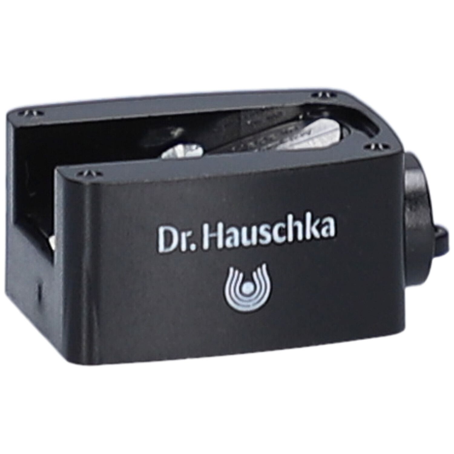 Schwarzer Anspitzer mit dem Schriftzug Dr. Hauschka und Logo. Seitlich eine Öffnung.