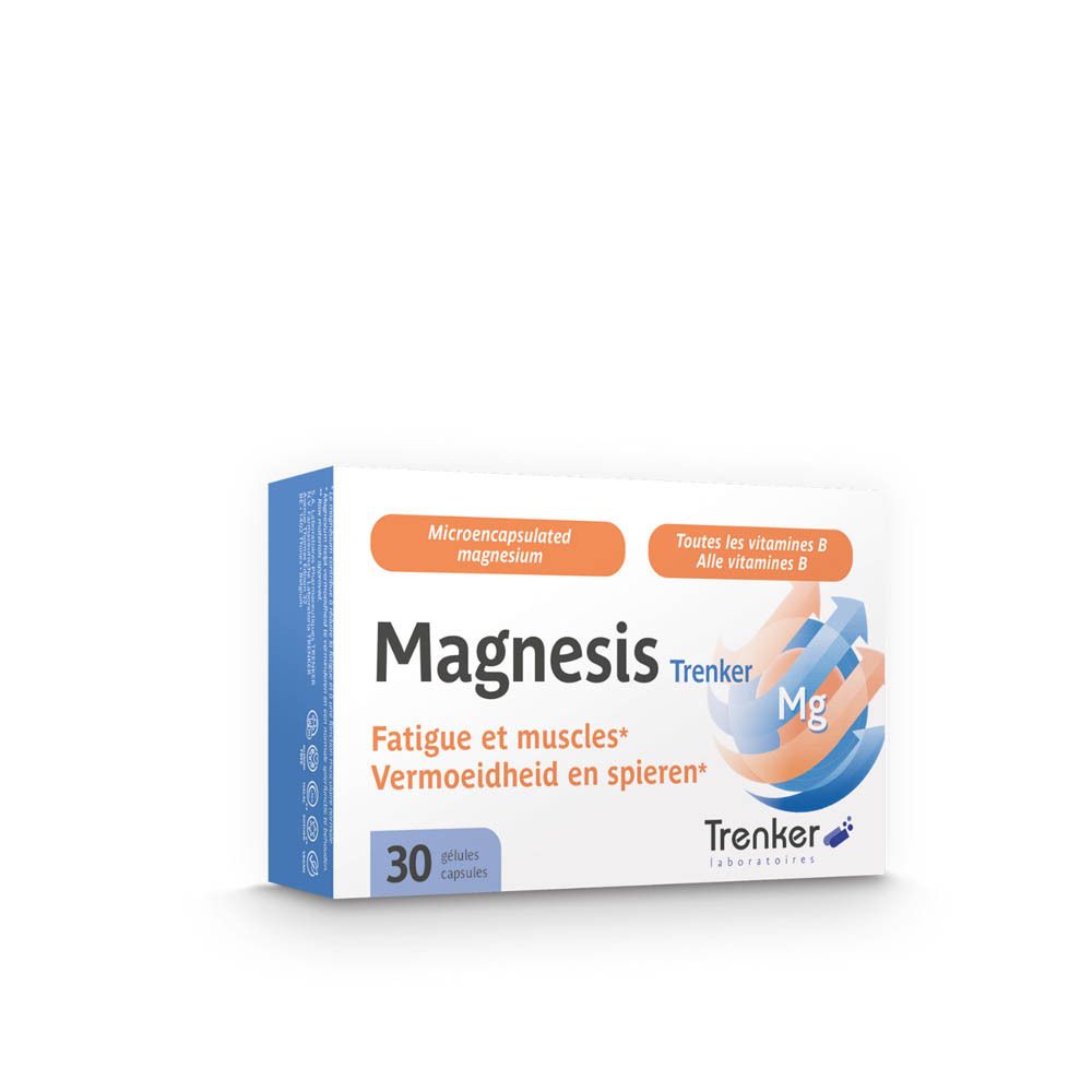 Boîte blanche "Magnesis Trenker". Contient 30 gélules. Texte : "Fatigue et muscles". Accents orange et bleu.