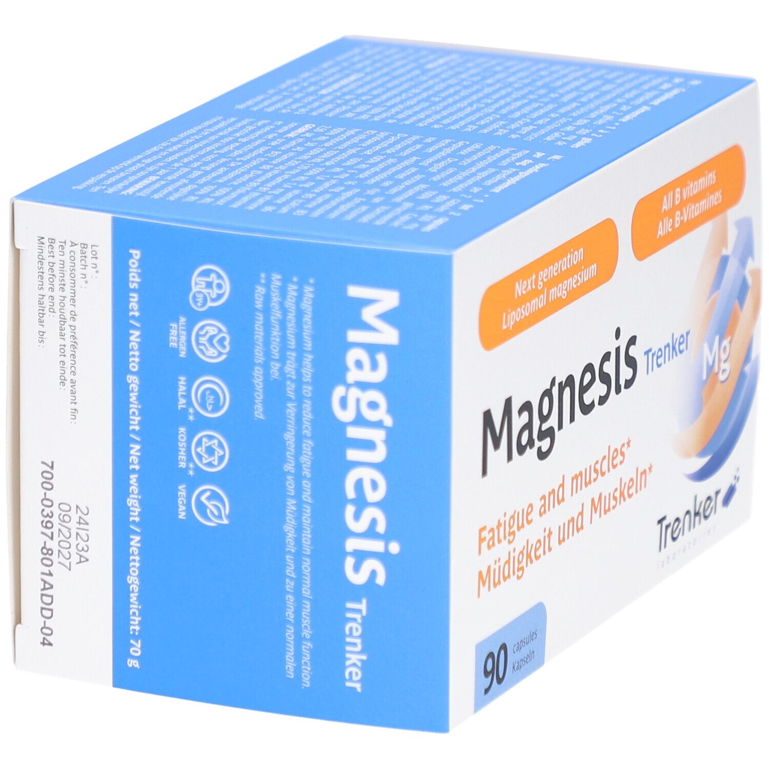 Trenker Magnesis: 1 bis 2 Kapseln täglich. Enthält Magnesium und B-Vitamine.