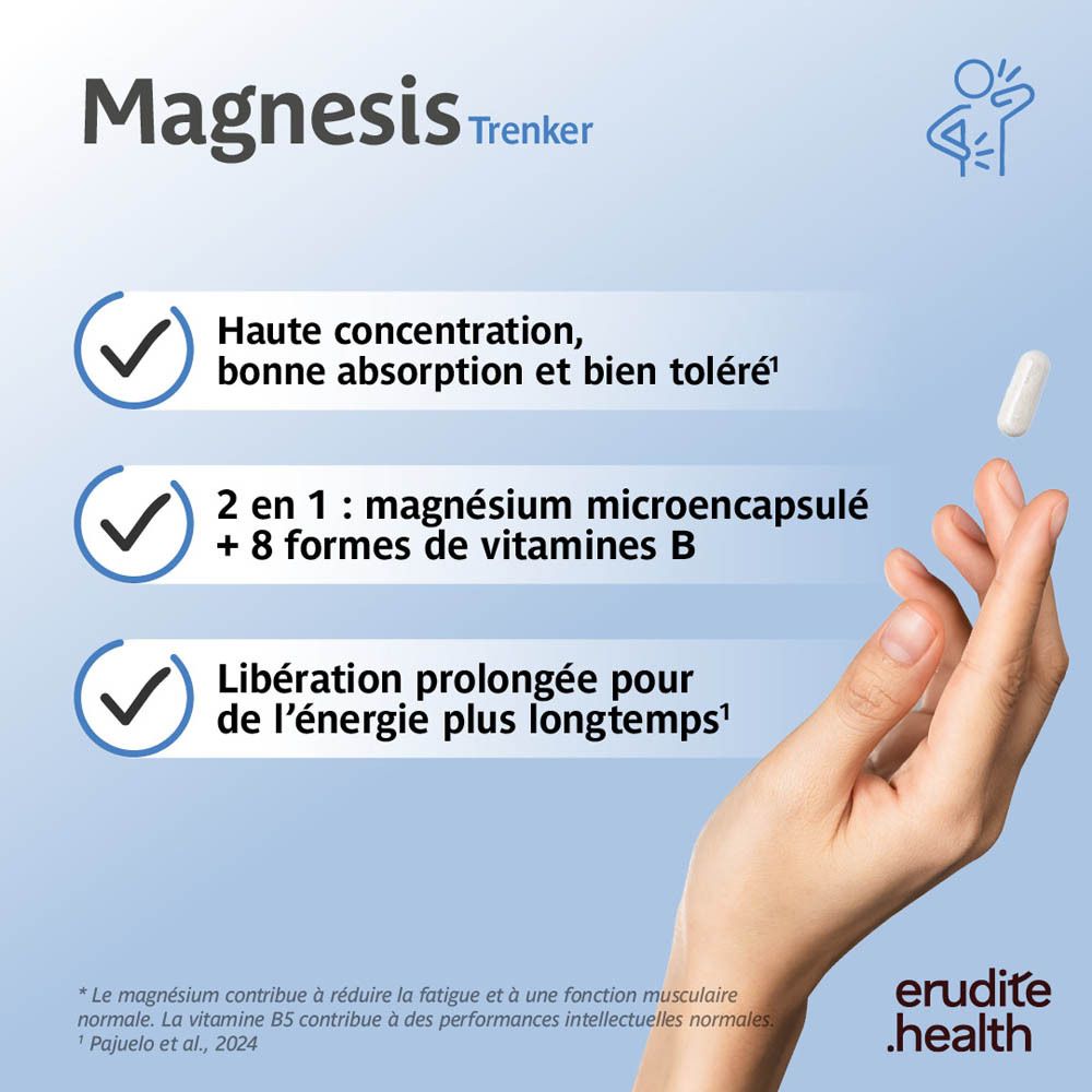Trenker Magnesis : 1 à 2 gélules par jour. Contient du magnésium et des vitamines B.