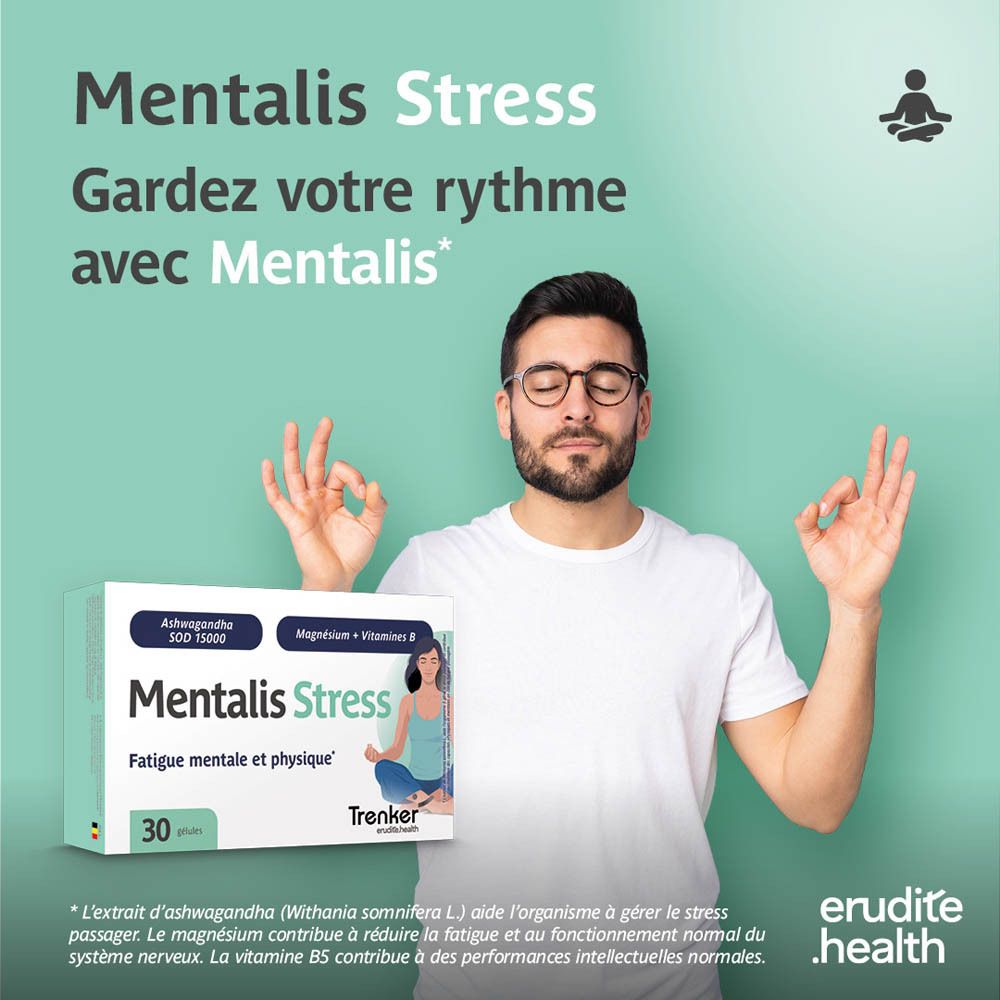 Boîte Trenker Mentalis Stress 30 gélules, femme en posture de méditation.