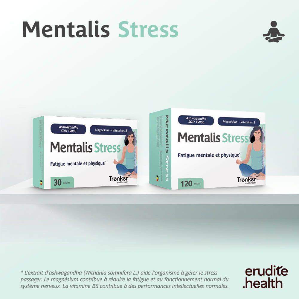 Boîte de Mentalis Stress 120 gélules, Ashwagandha, Magnésium et Vitamines B.