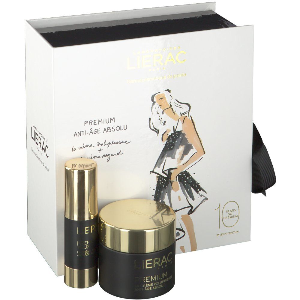 Coffret cadeau crème et contour des yeux. Pots et flacon noirs et dorés. Boîte blanche avec illustration et logo.