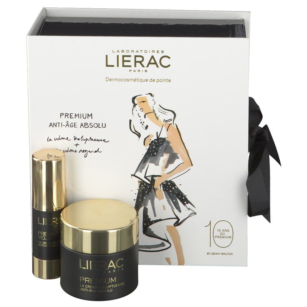 Coffret cadeau crème et contour des yeux. Pots et flacon noirs et dorés. Boîte blanche avec logo et illustration.