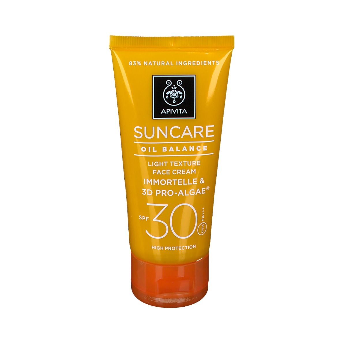 Gelbe Tube mit Sonnencreme. Aufschrift: Apivita Suncare Oil Balance, Lichtregulator, SPF 30.