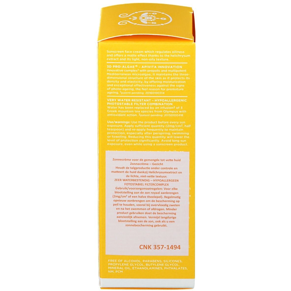 Rückseite einer gelben Sonnencreme-Schachtel. Text mit Produktinformationen und Inhaltsstoffen.