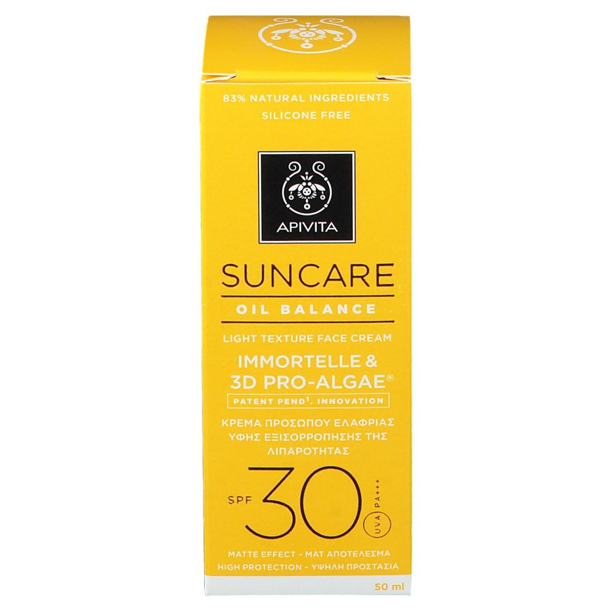 Vorderseite einer gelben Sonnencreme-Schachtel. Aufschrift: Apivita Suncare Oil Balance, SPF 30.