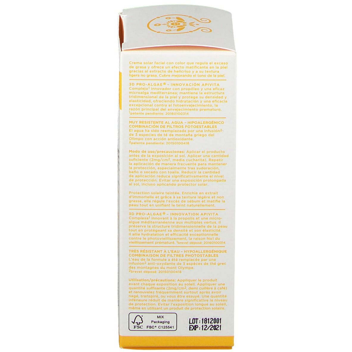 Dos de l'emballage. Texte en plusieurs langues. Certification FSC. Expiration 12/2021.