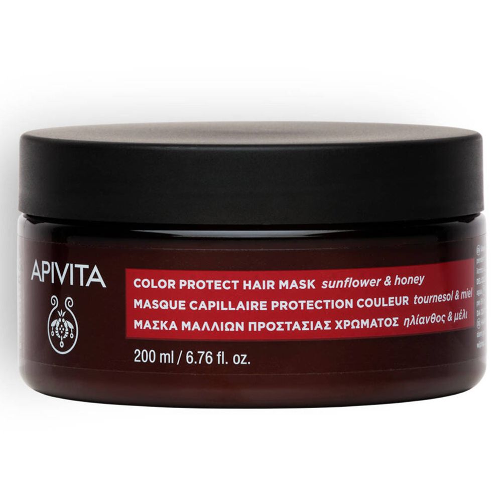 Pot brun avec couvercle noir. Inscription: APIVITA, COLOR PROTECT HAIR MASK, tournesol & miel. 200 ml.