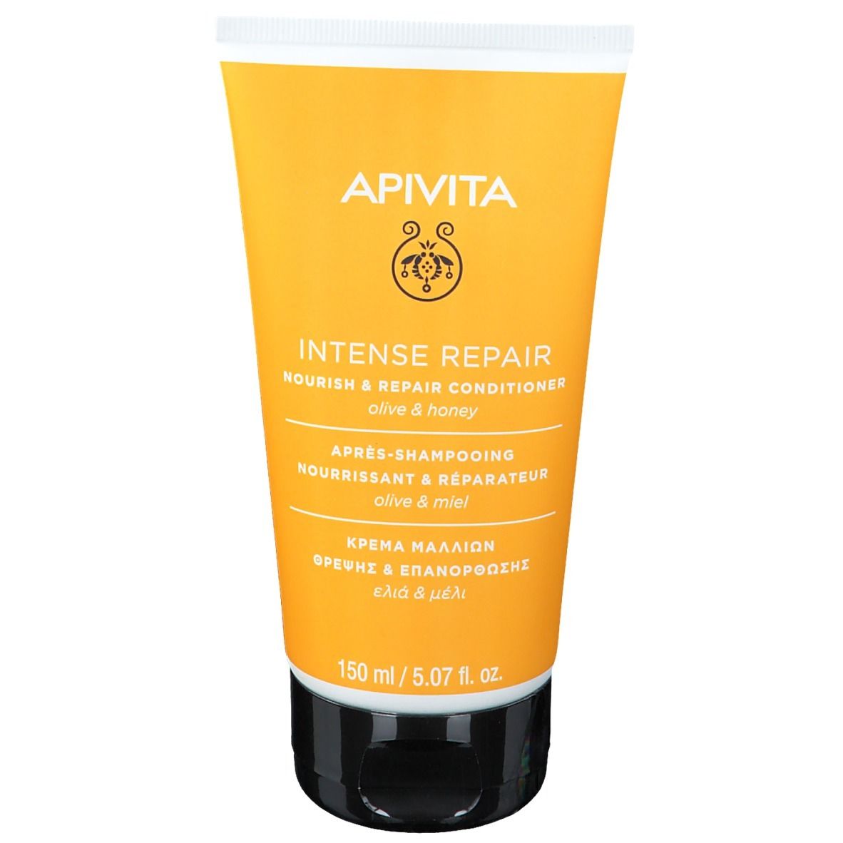Gelbe Tube mit schwarzem Deckel. Aufschrift: Apivita, Intense Repair, Conditioner. Olive & Honig. 150 ml.