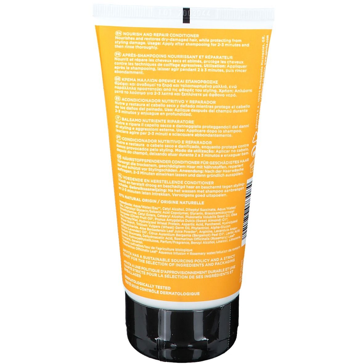 Rückseite der gelben Tube. Text in mehreren Sprachen. Enthält Informationen zur Anwendung und Inhaltsstoffe.