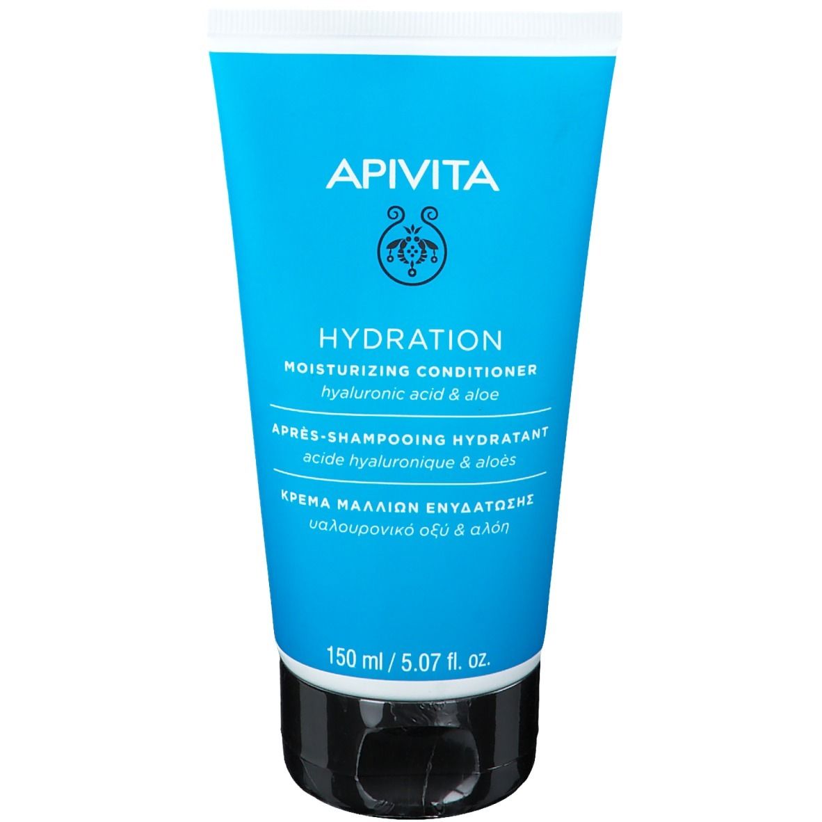 Tube turquoise. Inscriptions: Apivita, Hydration, après-shampooing hydratant. Contient de l'acide hyaluronique et de l'aloe.
