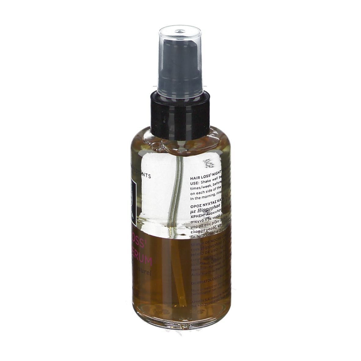 Rückseite einer Sprühflasche mit brauner Flüssigkeit. Schwarzer Sprühkopf. Aufschrift auf Etikett.