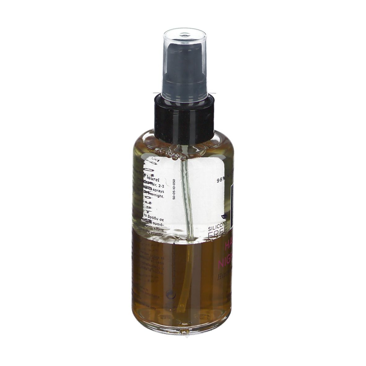 Rückseite einer Sprühflasche mit brauner Flüssigkeit. Schwarzer Sprühkopf. Aufschrift auf Etikett.