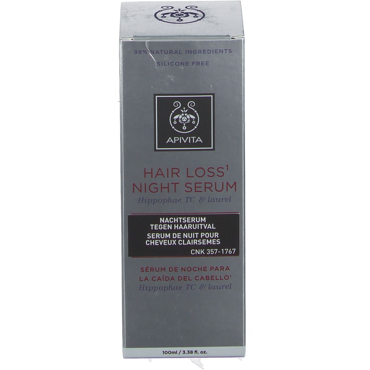 Verpackung mit Aufschrift: Apivita Hair Loss Night Serum. Graue Schachtel mit Produktnamen und Logo.