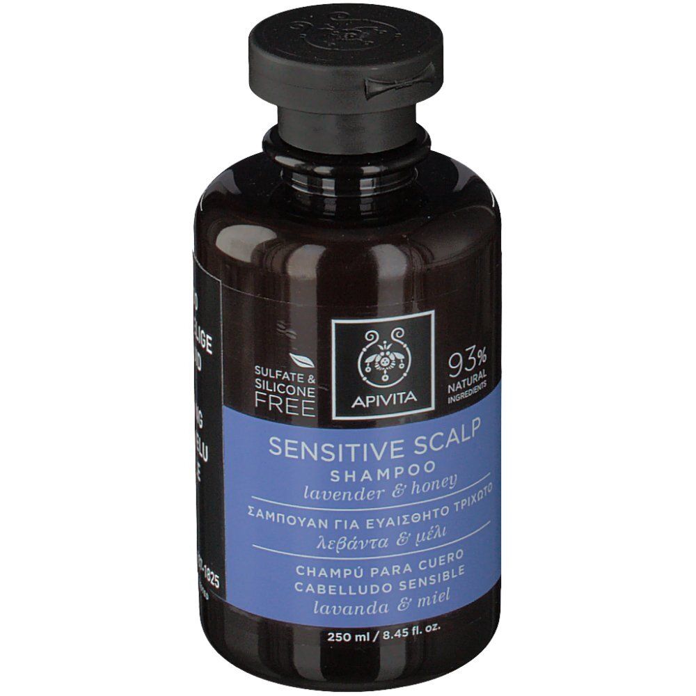 Flacon marron, texte bleu. Texte : SENSITIVE SCALP SHAMPOO, lavande & miel. Sans sulfates & silicones. 250 ml.