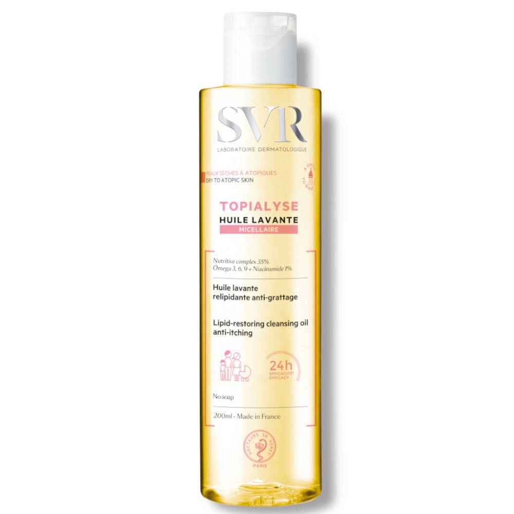 SVR Topialyse Mizellenreinigungsöl. Flasche mit weißem Deckel. Gelbe Flüssigkeit. Produktetikett mit Text.