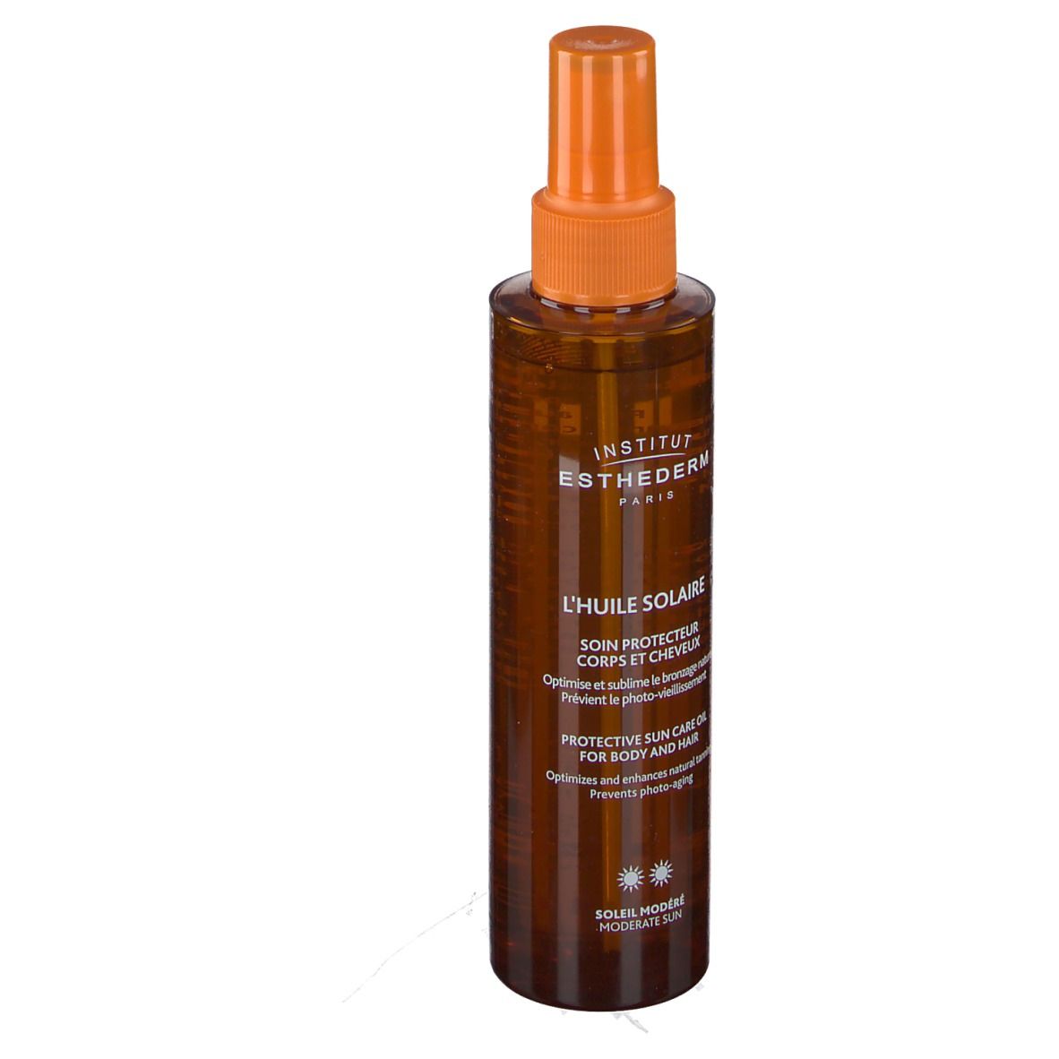 Braune Sprühflasche mit orangefarbenem Sprühkopf. Beschriftung: INSTITUT ESTHEDERM, L'HUILE SOLAIRE, Protective Sun Care Oil.