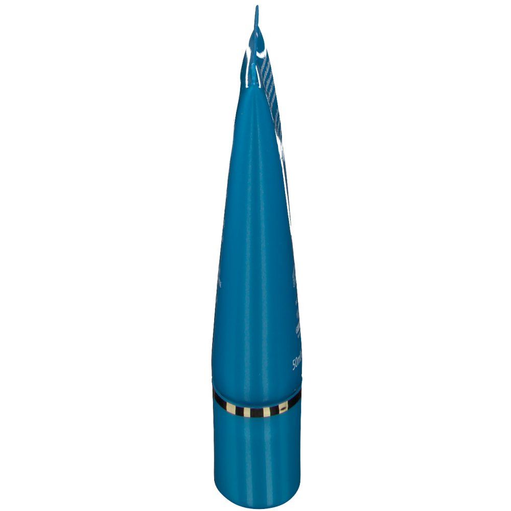 Tube turquoise fin, bague dorée. Embout applicateur.
