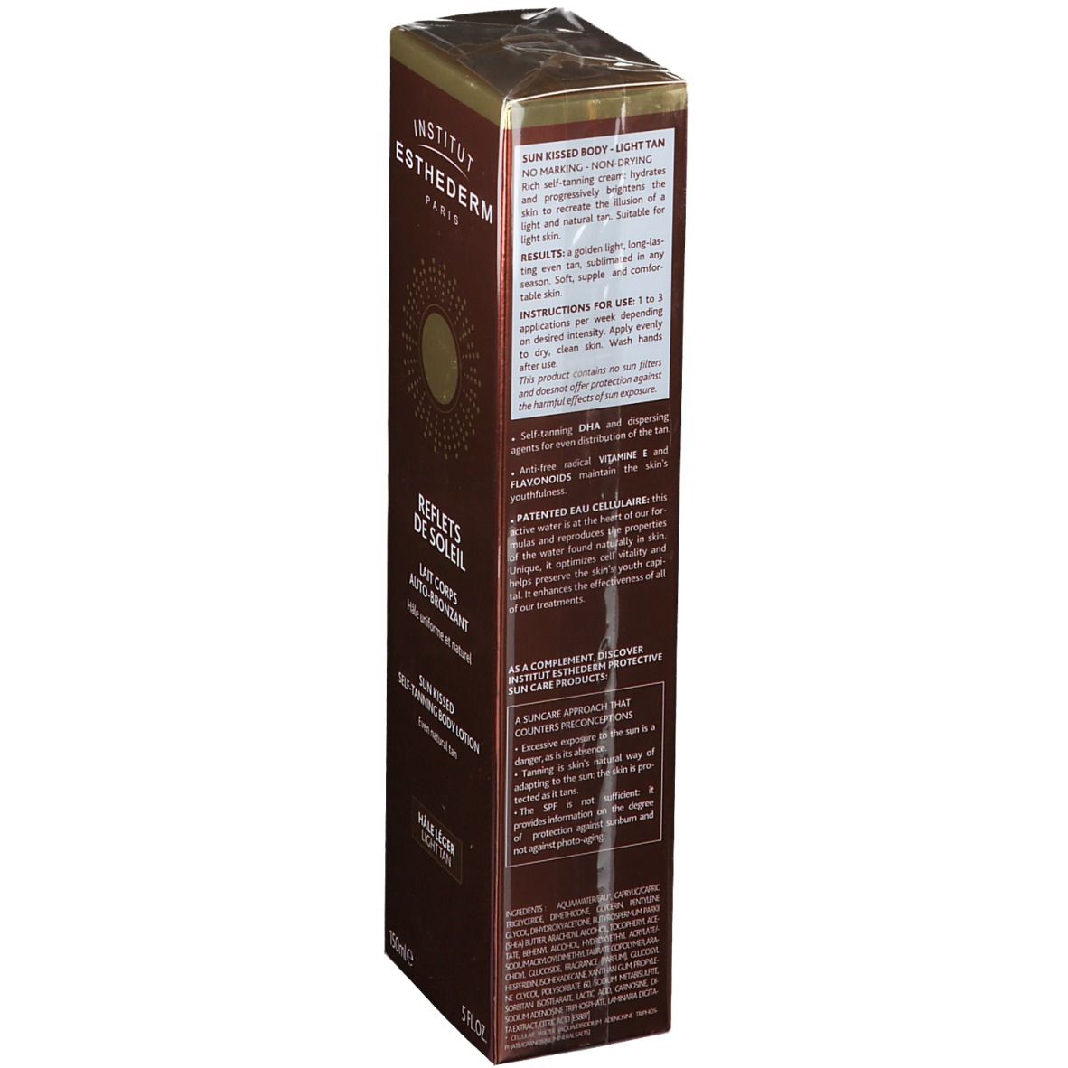 Braune Verpackung mit Text. INSTITUT ESTHEDERM PARIS, REFLETS DE SOLEIL, Informationen zur Anwendung und Inhaltsstoffe.