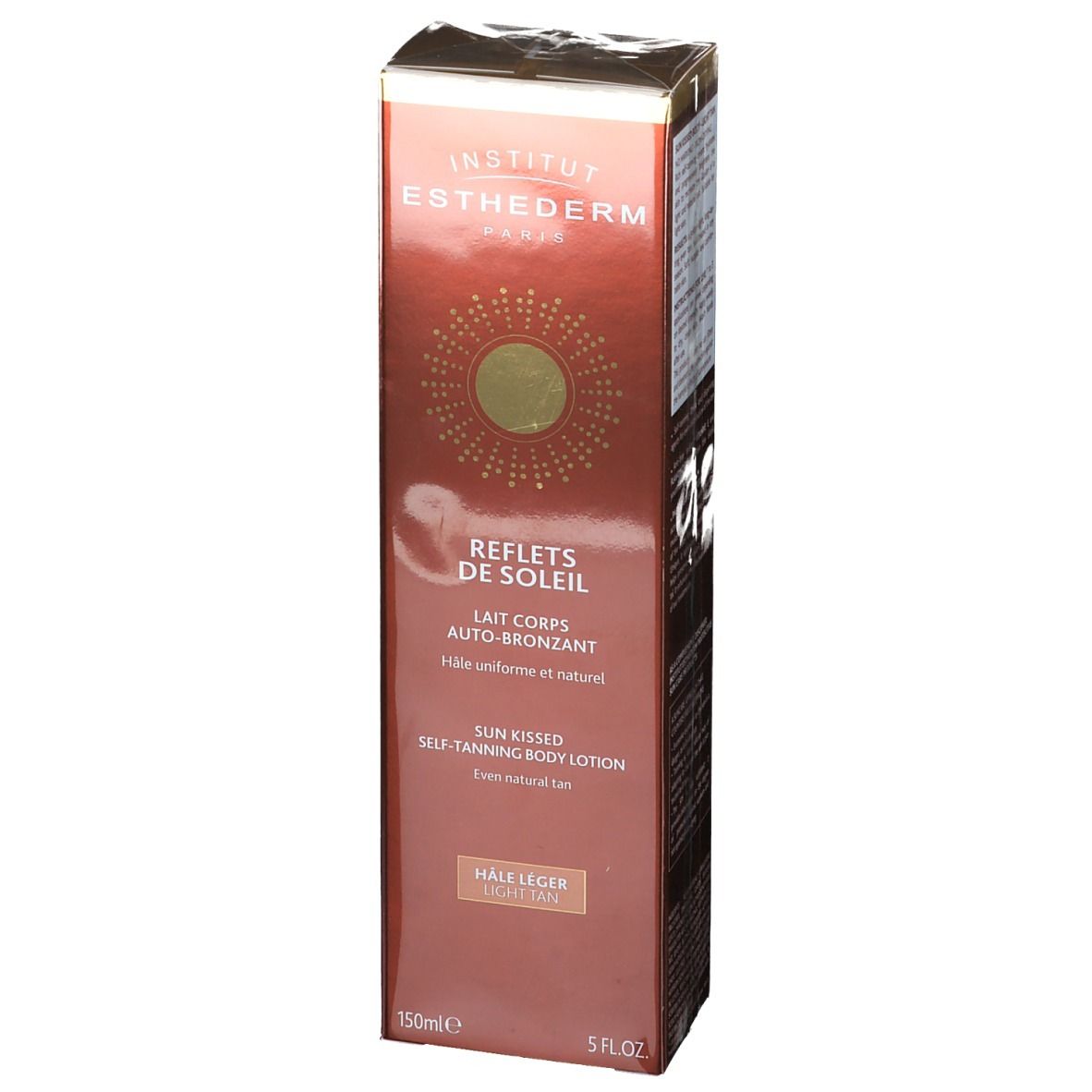 Braune Verpackung mit Produktinformationen. INSTITUT ESTHEDERM PARIS, REFLETS DE SOLEIL, Selbstbräuner Körperlotion, 150ml.